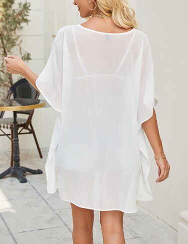 Chunoy Womens Side Slit Chiffon Tunic V الرقبة غير الرسمية قمم فضفاضة شاطئ الصيف تغطية in Kuwait