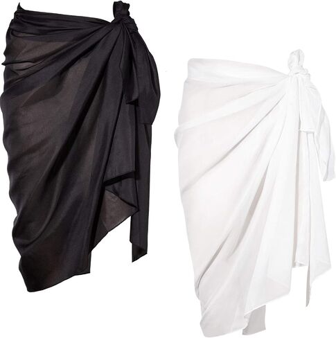 Chuangdi 2 Pack Women Sarong Swimsuit Coverups Chiffon Long Beach Sarong Wraps Bathing Suit Cover Up, Black and White in Saudi Arabia