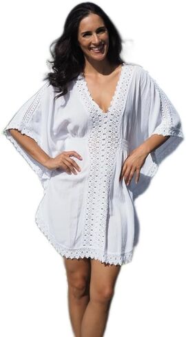 Cover-Up –100% Cotton, V-Neck Kaftan with Crochet Detailing, Lightweight Beach Dress, Resortwear, Made in Peru in Saudi Arabia