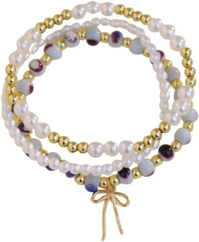 Pingyongchang 3pcs Bow Beaded Sharm Bracelet for Women Vintage Blue/Pink Folwer Porceled Bereded Sybled Handmade Gown in Kuwait