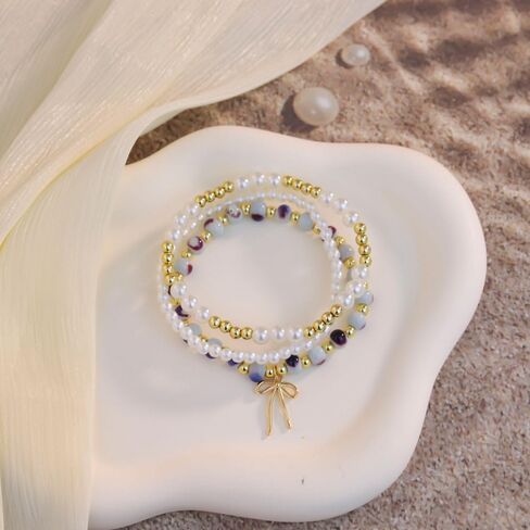 Pingyongchang 3pcs Bow Beaded Sharm Bracelet for Women Vintage Blue/Pink Folwer Porceled Bereded Sybled Handmade Gown in Kuwait