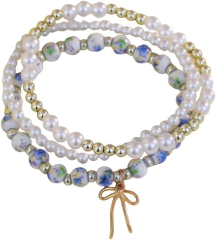 Pingyongchang 3pcs Bow Beaded Sharm Bracelet for Women Vintage Blue/Pink Folwer Porceled Bereded Sybled Handmade Gown in Kuwait