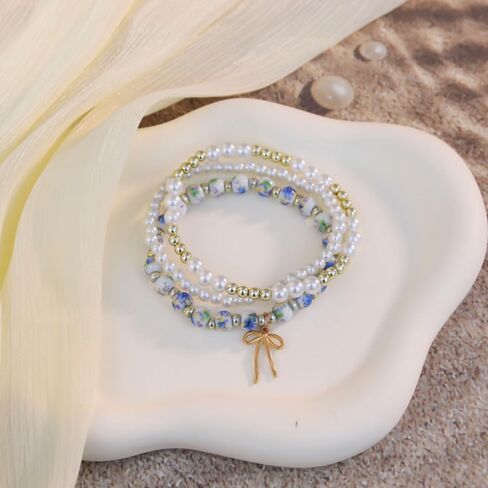 Pingyongchang 3pcs Bow Beaded Sharm Bracelet for Women Vintage Blue/Pink Folwer Porceled Bereded Sybled Handmade Gown in Kuwait