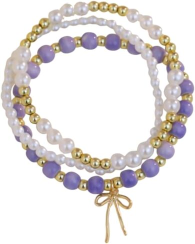 Pingyongchang 3pcs Bow Beaded Sharm Bracelet for Women Vintage Blue/Pink Folwer Porceled Bereded Sybled Handmade Gown in Kuwait
