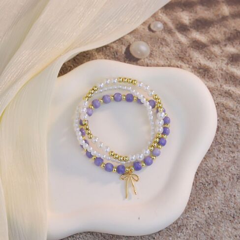 Pingyongchang 3pcs Bow Beaded Sharm Bracelet for Women Vintage Blue/Pink Folwer Porceled Bereded Sybled Handmade Gown in Kuwait