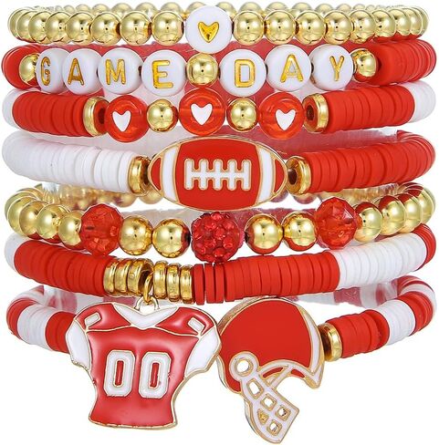 Game Day Bracelets for Women Football Party Favors Bracelets Heishi Clay Beaded Stretch Friendship Bracelets for Women Stackable Sports Football Mom Accessories Outfits Preppy Jewelry Gifts in Saudi Arabia
