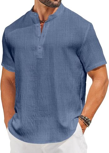 COOFANDY Men's Casual Henley Shirt Short Sleeve Linen Shirt Band Collar Summer Hippie Beach T-Shirts in Saudi Arabia