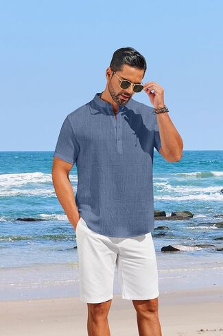 COOFANDY Men's Casual Henley Shirt Short Sleeve Linen Shirt Band Collar Summer Hippie Beach T-Shirts in Saudi Arabia