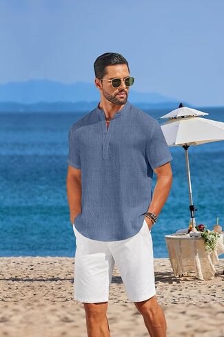 COOFANDY Men's Casual Henley Shirt Short Sleeve Linen Shirt Band Collar Summer Hippie Beach T-Shirts in Saudi Arabia