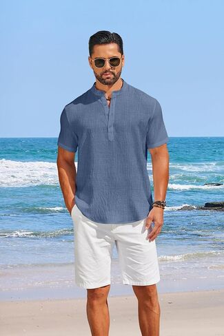 COOFANDY Men's Casual Henley Shirt Short Sleeve Linen Shirt Band Collar Summer Hippie Beach T-Shirts in Saudi Arabia