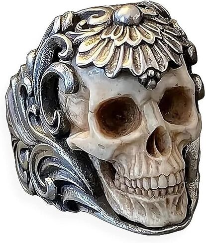 Vintage Polish Floral Armor Antler Skull Ring, Adjustable Open Gothic Skull Rings, Unique Skull Vintage Ring Jewelry Gift for Him (8-11) in Saudi Arabia