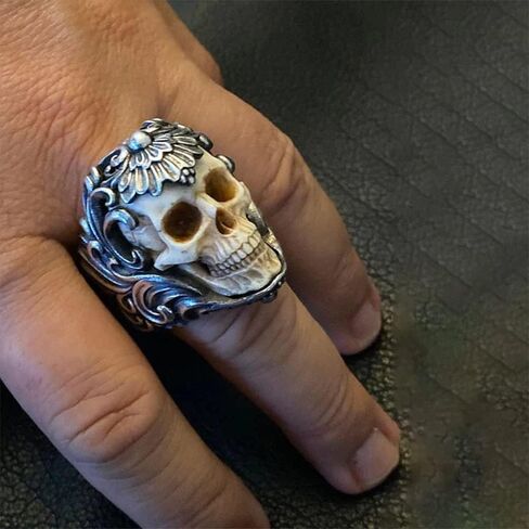 Vintage Polish Floral Armor Antler Skull Ring, Adjustable Open Gothic Skull Rings, Unique Skull Vintage Ring Jewelry Gift for Him (8-11) in Saudi Arabia