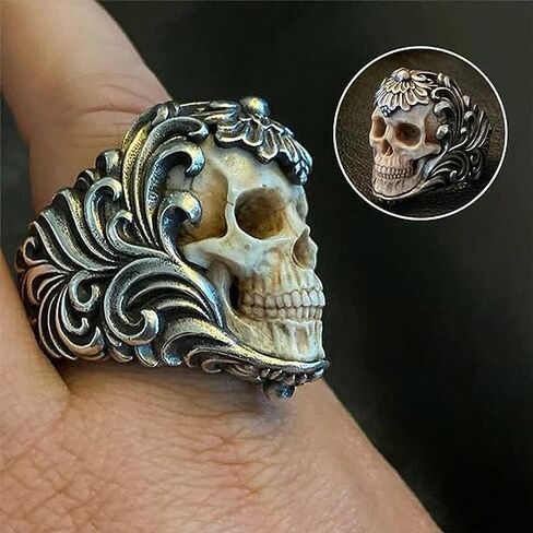 Vintage Polish Floral Armor Antler Skull Ring, Adjustable Open Gothic Skull Rings, Unique Skull Vintage Ring Jewelry Gift for Him (8-11) in Saudi Arabia