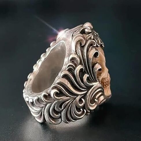 Vintage Polish Floral Armor Antler Skull Ring, Adjustable Open Gothic Skull Rings, Unique Skull Vintage Ring Jewelry Gift for Him (8-11) in Saudi Arabia