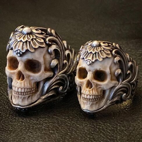 Vintage Polish Floral Armor Antler Skull Ring, Adjustable Open Gothic Skull Rings, Unique Skull Vintage Ring Jewelry Gift for Him (8-11) in Saudi Arabia