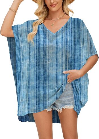 Chunoy Womens Side Slit Chiffon Tunic V الرقبة غير الرسمية قمم فضفاضة شاطئ الصيف تغطية in Kuwait
