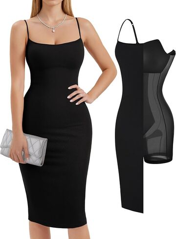 Popilush Shapewear Dress Bodycon Midi Dress Built-in Bra Summer Casual Tummy Control Slip Dress with Adjustable Straps in Kuwait