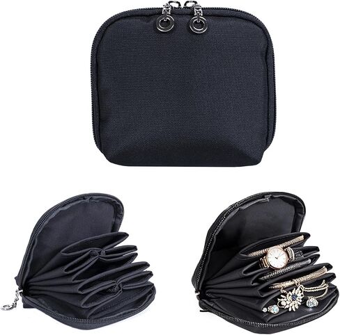 Jewelry Travel Organizer Bag -Waterproof Portable Small Jewelry Storage Ring Binder Rolls Zipper Pouch Bag for Accessory Necklaces/ Earrings/Rings/ Bracelets During Journey/Holiday or At Home-Black in Saudi Arabia