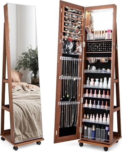 LOKO 360° Rotating Jewelry Armoire, Lockable Jewelry Organizer with 3-Color LED Lights, Standing Jewelry Cabinet with Full-Length Mirror, Built-in Makeup Mirror for Girls Women Gift (Walnut) in Saudi Arabia