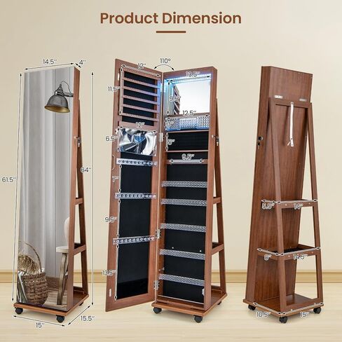 LOKO 360° Rotating Jewelry Armoire, Lockable Jewelry Organizer with 3-Color LED Lights, Standing Jewelry Cabinet with Full-Length Mirror, Built-in Makeup Mirror for Girls Women Gift (Walnut) in Saudi Arabia