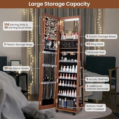 LOKO 360° Rotating Jewelry Armoire, Lockable Jewelry Organizer with 3-Color LED Lights, Standing Jewelry Cabinet with Full-Length Mirror, Built-in Makeup Mirror for Girls Women Gift (Walnut) in Saudi Arabia