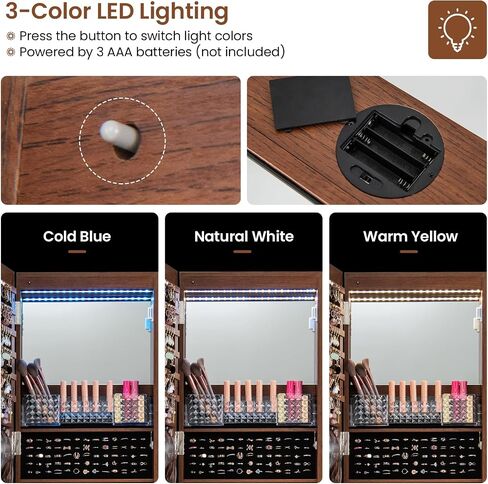 LOKO 360° Rotating Jewelry Armoire, Lockable Jewelry Organizer with 3-Color LED Lights, Standing Jewelry Cabinet with Full-Length Mirror, Built-in Makeup Mirror for Girls Women Gift (Walnut) in Saudi Arabia