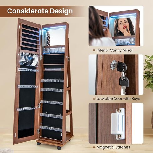 LOKO 360° Rotating Jewelry Armoire, Lockable Jewelry Organizer with 3-Color LED Lights, Standing Jewelry Cabinet with Full-Length Mirror, Built-in Makeup Mirror for Girls Women Gift (Walnut) in Saudi Arabia