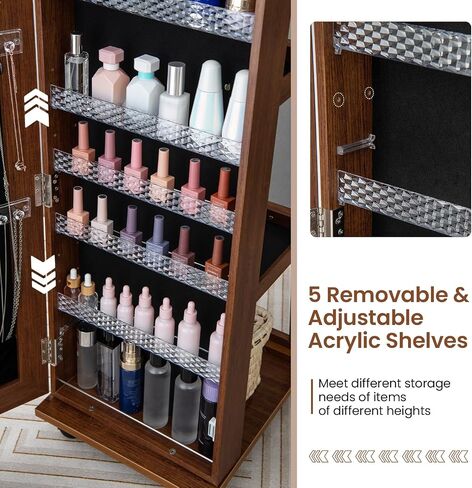 LOKO 360° Rotating Jewelry Armoire, Lockable Jewelry Organizer with 3-Color LED Lights, Standing Jewelry Cabinet with Full-Length Mirror, Built-in Makeup Mirror for Girls Women Gift (Walnut) in Saudi Arabia