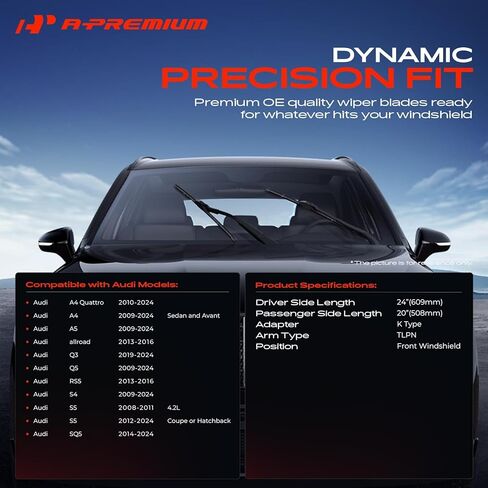 A-Premium Pack of 2 Windshield Wiper Blades with Wear Indicator & Towel - Compatible with Audi A4/Q5/A5/S4, Q3, A4 Quattro, allroad, RS5, S5, SQ5-24" and 20", TLPN Connector in Saudi Arabia