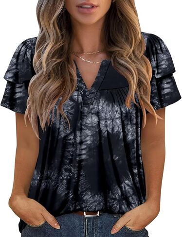 Angerella Womens Tunic Top T Shirts V Neck Short Sleeve Floral Print Trendy Dressy Casual Elegant Pleated Front Blouse in Kuwait