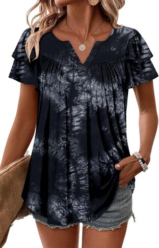 Angerella Womens Tunic Top T Shirts V Neck Short Sleeve Floral Print Trendy Dressy Casual Elegant Pleated Front Blouse in Kuwait