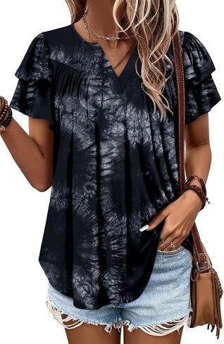 Angerella Womens Tunic Top T Shirts V Neck Short Sleeve Floral Print Trendy Dressy Casual Elegant Pleated Front Blouse in Kuwait