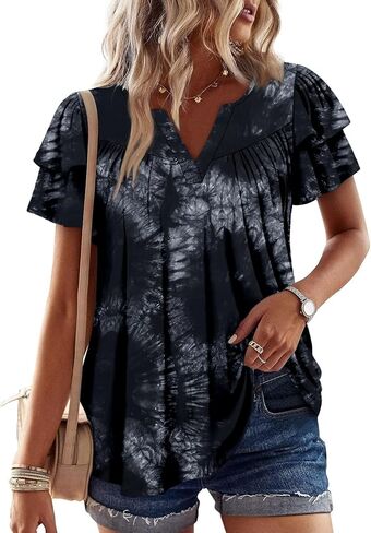 Angerella Womens Tunic Top T Shirts V Neck Short Sleeve Floral Print Trendy Dressy Casual Elegant Pleated Front Blouse in Kuwait