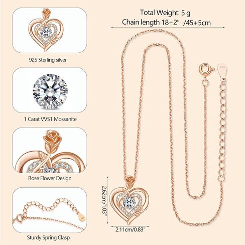 LAVUMO Moissanite Necklace Women Silver 925, 1 Carat Moissanite Diamond Double Heart Rose Pendant Christmas Valentines Day Birthday Jewelry Gifts for Women Girlfriend Mom in Saudi Arabia