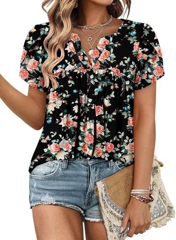Angerella Womens Tunic Top T Shirts V Neck Short Sleeve Floral Print Trendy Dressy Casual Elegant Pleated Front Blouse in Kuwait