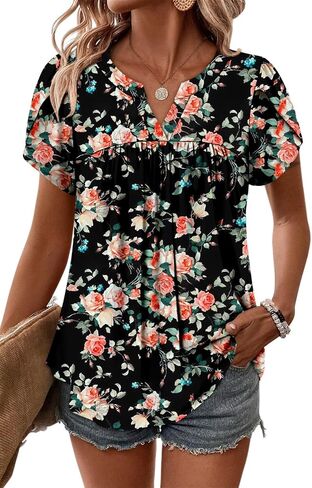 Angerella Womens Tunic Top T Shirts V Neck Short Sleeve Floral Print Trendy Dressy Casual Elegant Pleated Front Blouse in Kuwait