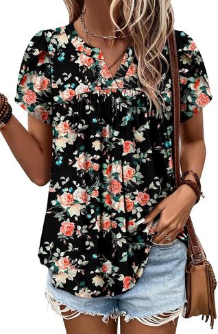 Angerella Womens Tunic Top T Shirts V Neck Short Sleeve Floral Print Trendy Dressy Casual Elegant Pleated Front Blouse in Kuwait