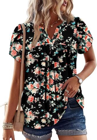Angerella Womens Tunic Top T Shirts V Neck Short Sleeve Floral Print Trendy Dressy Casual Elegant Pleated Front Blouse in Kuwait
