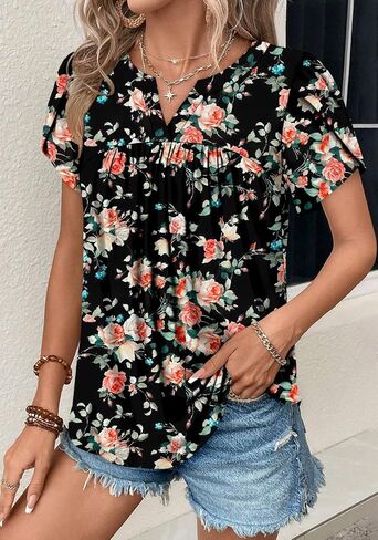 Angerella Womens Tunic Top T Shirts V Neck Short Sleeve Floral Print Trendy Dressy Casual Elegant Pleated Front Blouse in Kuwait