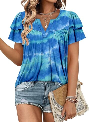 Angerella Womens Tunic Top T Shirts V Neck Short Sleeve Floral Print Trendy Dressy Casual Elegant Pleated Front Blouse in Kuwait
