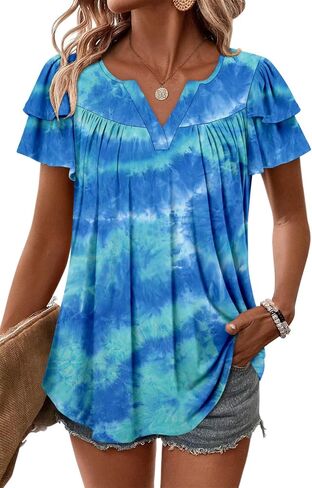 Angerella Womens Tunic Top T Shirts V Neck Short Sleeve Floral Print Trendy Dressy Casual Elegant Pleated Front Blouse in Kuwait