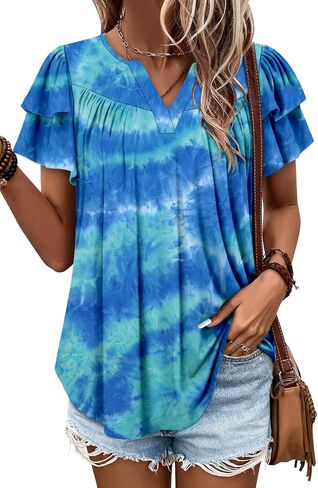 Angerella Womens Tunic Top T Shirts V Neck Short Sleeve Floral Print Trendy Dressy Casual Elegant Pleated Front Blouse in Kuwait