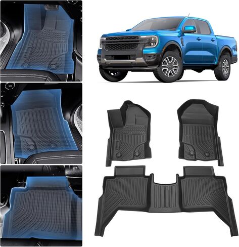 جميع الحصير في أرضية الطقس لعام 2019-2023 Ford Ranger Supercrew Accessories TPE Ranger Floor Liners الأمامية والصف الثاني الأسود in Saudi Arabia