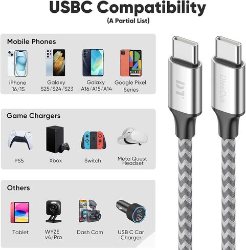 15 قدمًا من كابل USB C إضافي طويل ، 40 واط شحن سريعًا USBC إلى سلك USB-C ، و 480 ميجا بريتنيات في الثانية نقل البيانات من النوع C إلى الذكور لسلسلة iPhone 16/15 ، و Galaxy S24/S23 ، و Google ، و iPad ، و Pixel والمزيد in Kuwait