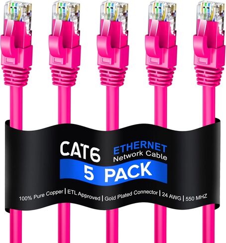 Maximm Cat 6 Ethernet Cable 1.5 FT ، 100 ٪ COPPER PUER ، CAT6 Cable (5 Pack) LAN ، كابل الإنترنت ، كابل التصحيح وكابل الشبكة - UTP (متعدد الألوان) 1.5 قدم in Kuwait