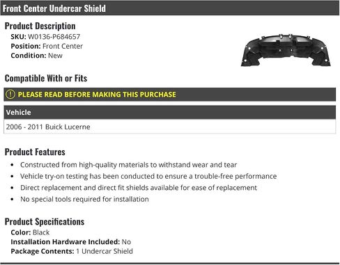 Front Center Undercar Engine Shield - Compatible with 2006-2011 Buick Lucerne in Saudi Arabia