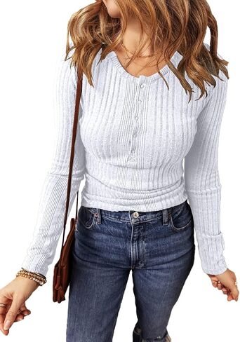 KINLONSAIR Women’s Long Sleeve Henley T Shirts Casual Crewneck Button Down Shirts Solid Slim Fit Knit Tunic Tops in Kuwait