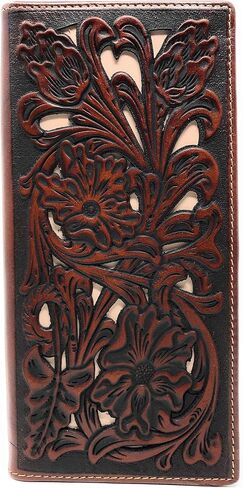 Western Genuine Leather Tooled Laser Cut Basketweave Men's Long Bifold Wallet in 8 colors (Coffee/Beige) in Saudi Arabia