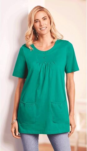 Amerimark متماسكة TUNIC TOP مع جيوب التصحيح - الأكمام القصيرة 100 ٪ متماسكة القطن ، لهجات زر in Kuwait