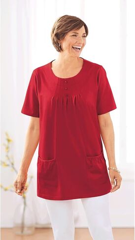 Amerimark متماسكة TUNIC TOP مع جيوب التصحيح - الأكمام القصيرة 100 ٪ متماسكة القطن ، لهجات زر in Kuwait